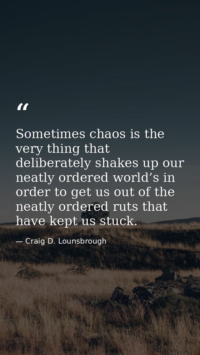 Sometimes chaos is the very thing that deliberately shakes up our neatly ordered world’s in order to get us out of the n — Craig D. Lounsbrough
