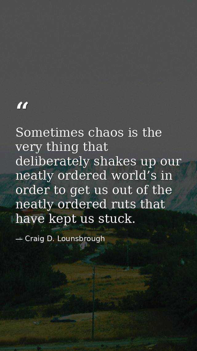 Sometimes chaos is the very thing that deliberately shakes up our neatly ordered world’s in order to get us out of the n — Craig D. Lounsbrough