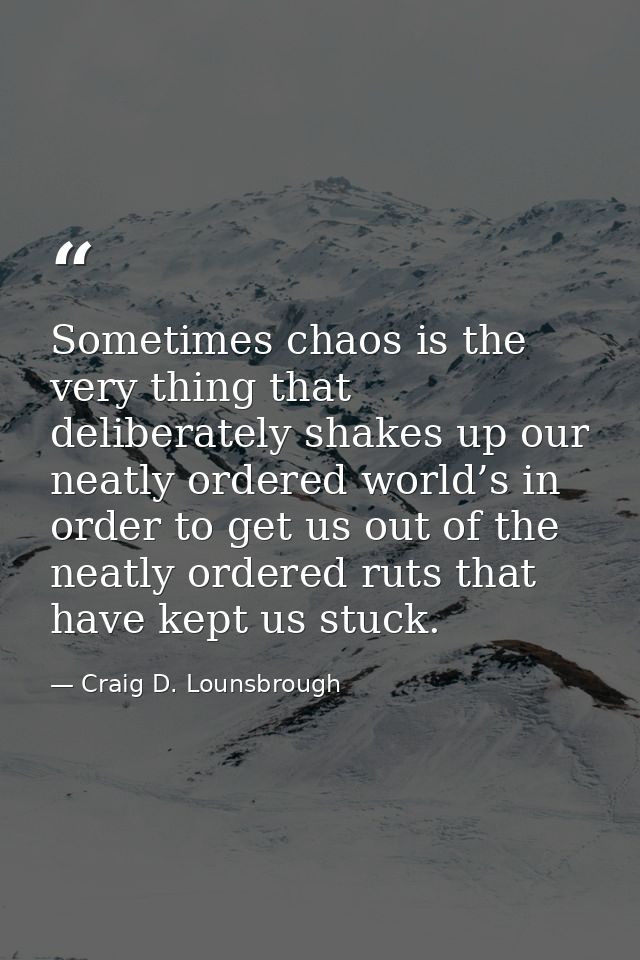 Sometimes chaos is the very thing that deliberately shakes up our neatly ordered world’s in order to get us out of the n — Craig D. Lounsbrough