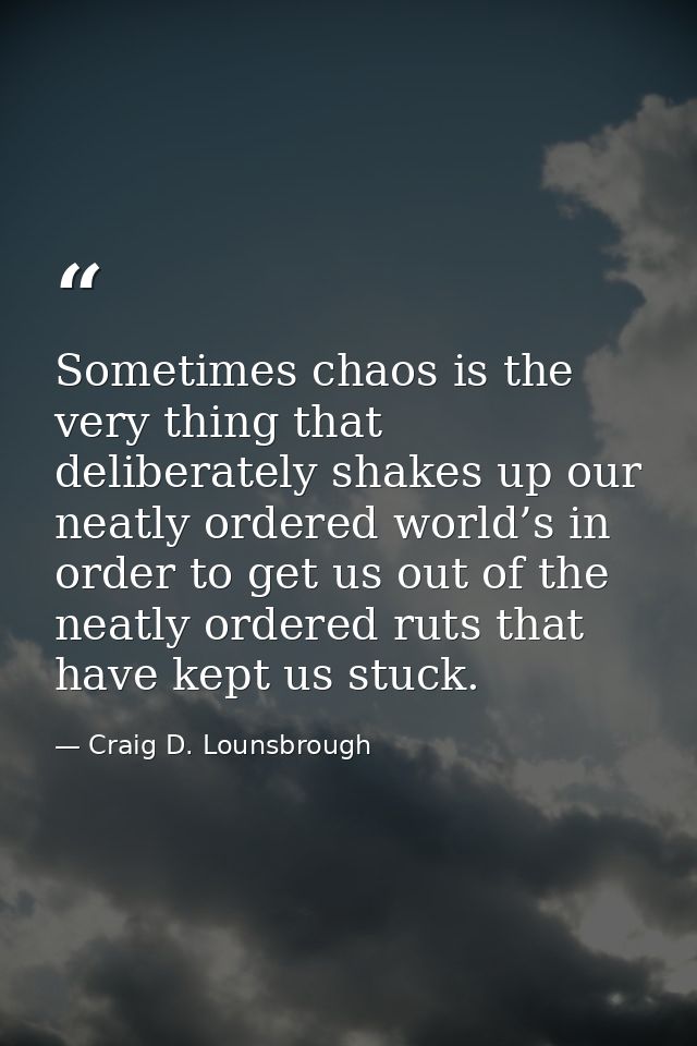 Sometimes chaos is the very thing that deliberately shakes up our neatly ordered world’s in order to get us out of the n — Craig D. Lounsbrough