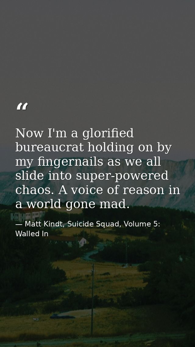 Now I'm a glorified bureaucrat holding on by my fingernails as we all slide into super-powered chaos. A voice of reason  — Matt Kindt, Suicide Squad, Volume 5: Walled In