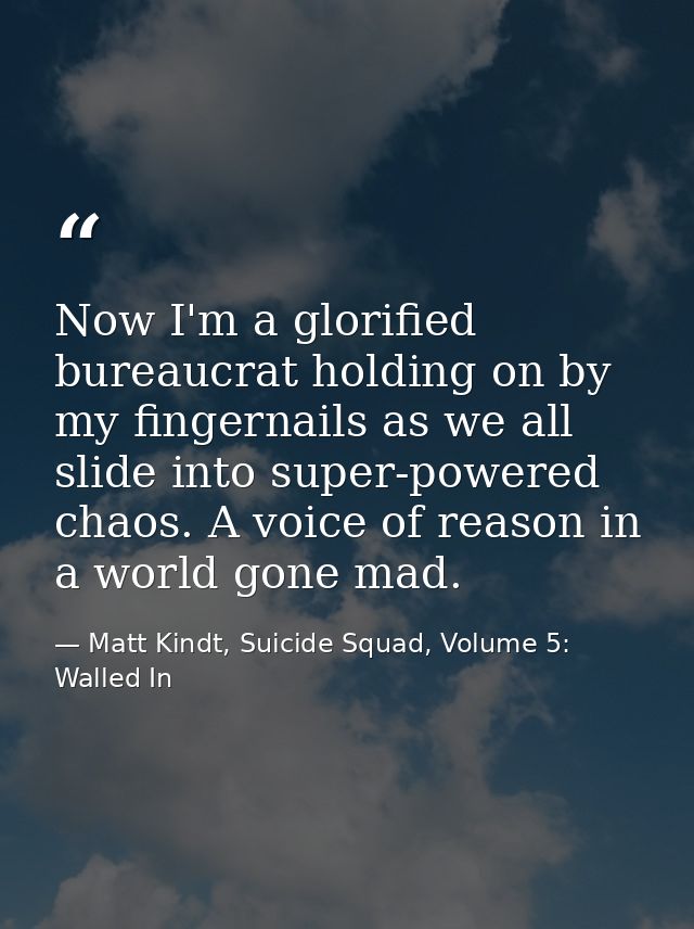 Now I'm a glorified bureaucrat holding on by my fingernails as we all slide into super-powered chaos. A voice of reason  — Matt Kindt, Suicide Squad, Volume 5: Walled In