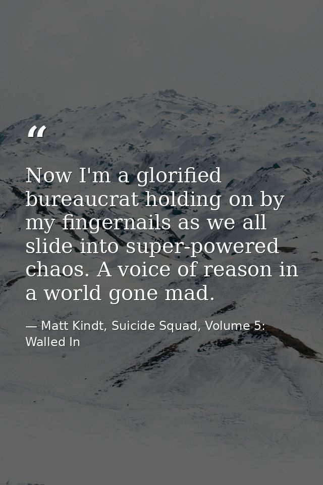 Now I'm a glorified bureaucrat holding on by my fingernails as we all slide into super-powered chaos. A voice of reason  — Matt Kindt, Suicide Squad, Volume 5: Walled In
