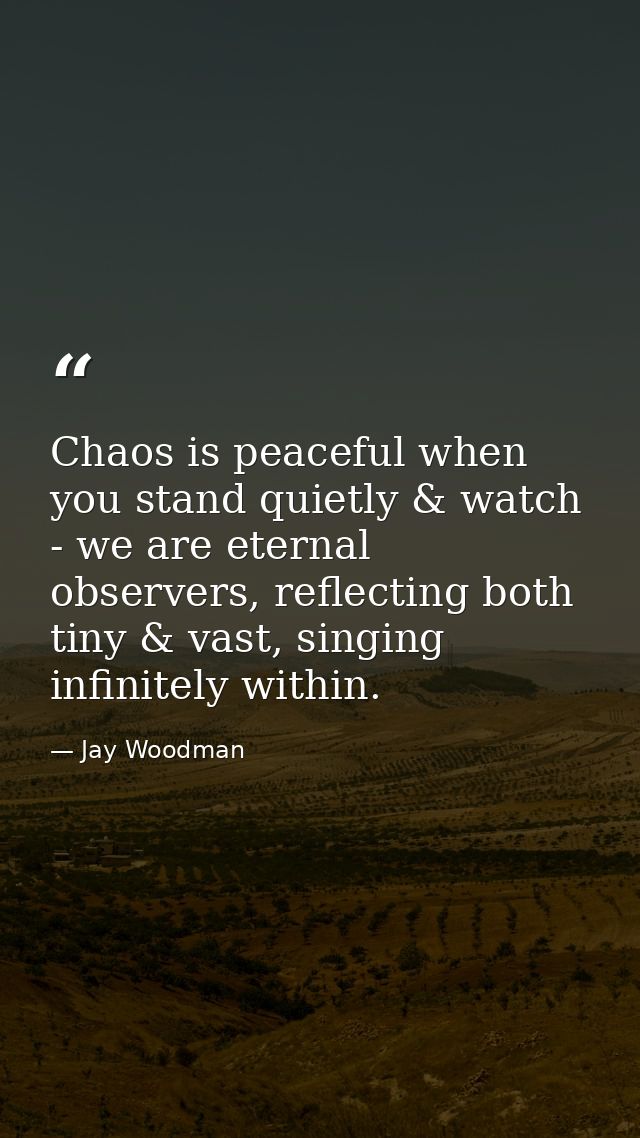 Chaos is peaceful when you stand quietly & watch - we are eternal observers, reflecting both tiny & vast, singing infini — Jay Woodman