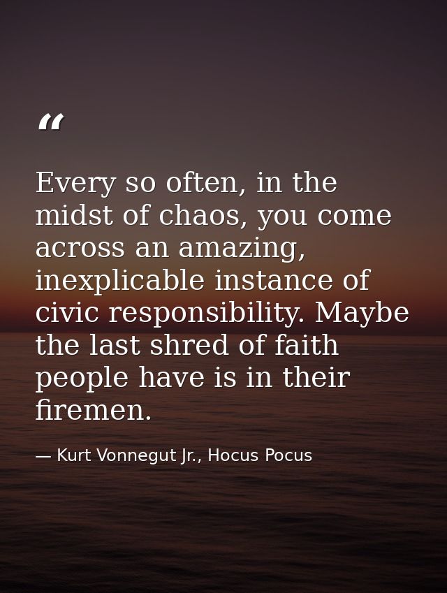 Every so often, in the midst of chaos, you come across an amazing, inexplicable instance of civic responsibility. Maybe  — Kurt Vonnegut Jr., Hocus Pocus