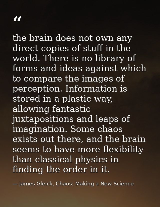 the brain does not own any direct copies of stuff in the world. There is no library of forms and ideas against which to  — James Gleick, Chaos: Making a New Science