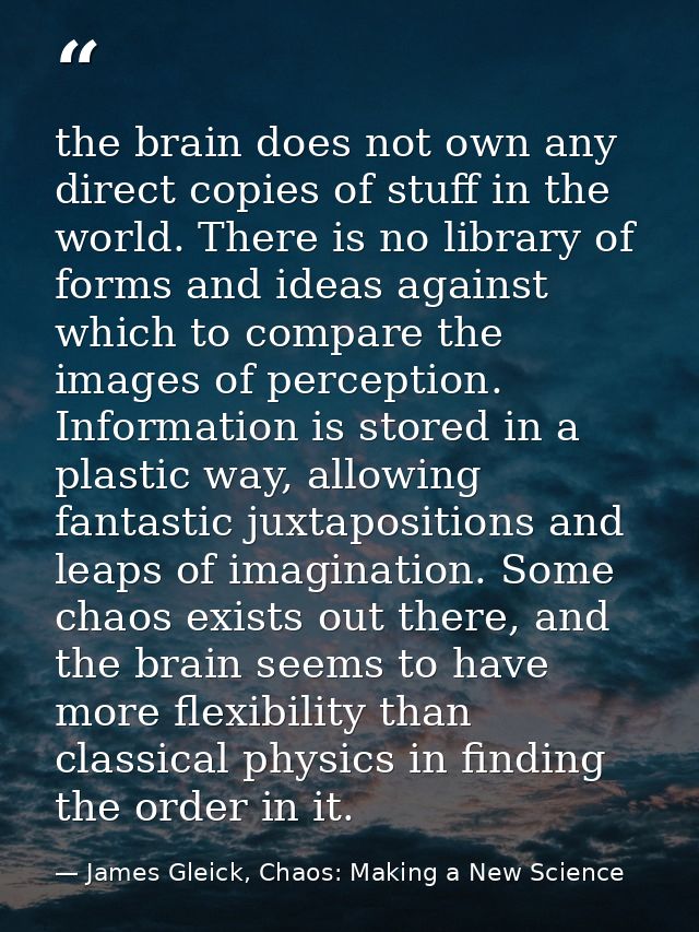 the brain does not own any direct copies of stuff in the world. There is no library of forms and ideas against which to  — James Gleick, Chaos: Making a New Science