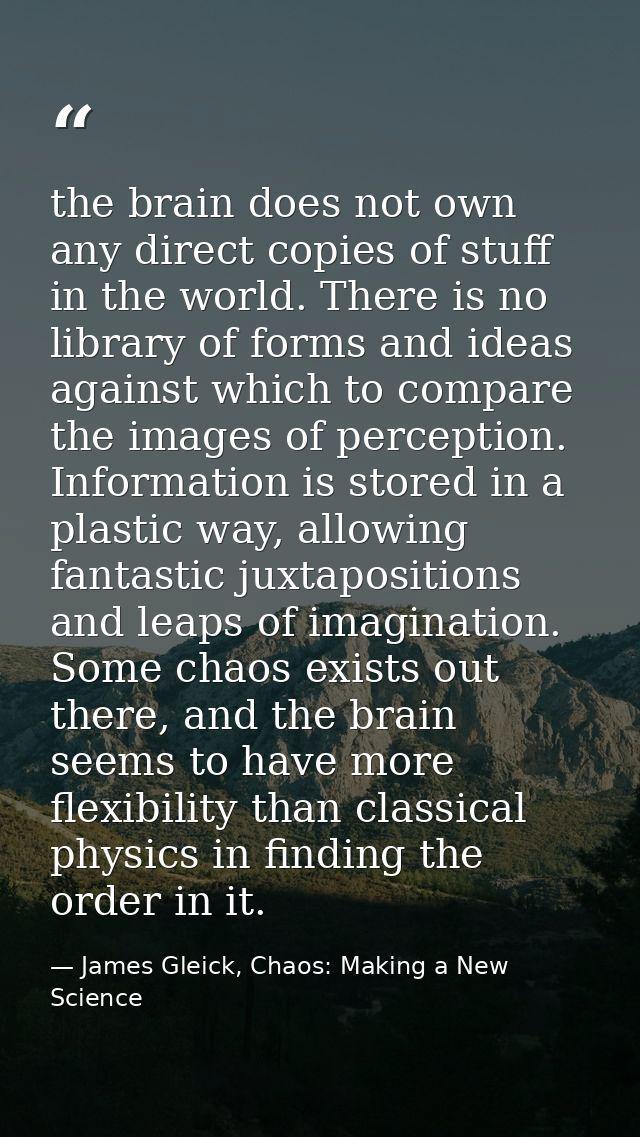 the brain does not own any direct copies of stuff in the world. There is no library of forms and ideas against which to  — James Gleick, Chaos: Making a New Science