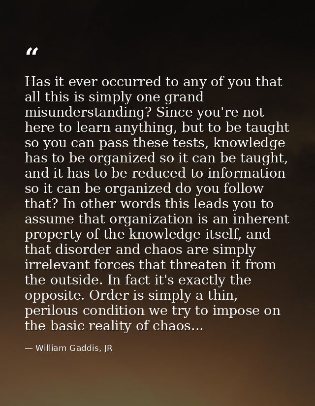Has it ever occurred to any of you that all this is simply one grand misunderstanding? Since you're not here to learn an — William Gaddis, JR