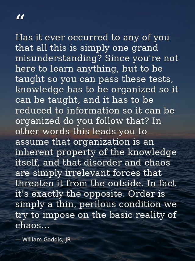 Has it ever occurred to any of you that all this is simply one grand misunderstanding? Since you're not here to learn an — William Gaddis, JR