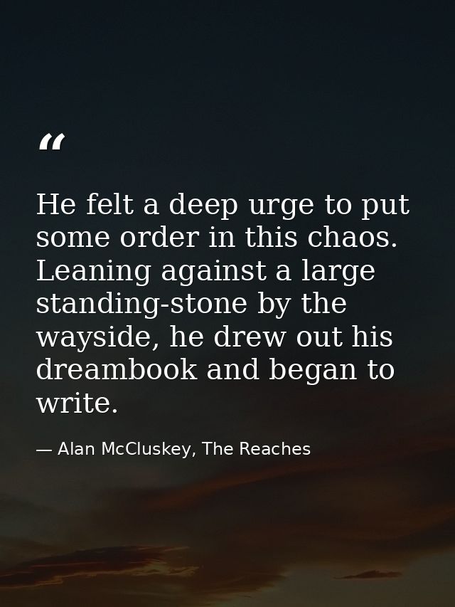 He felt a deep urge to put some order in this chaos. Leaning against a large standing-stone by the wayside, he drew out  — Alan McCluskey, The Reaches