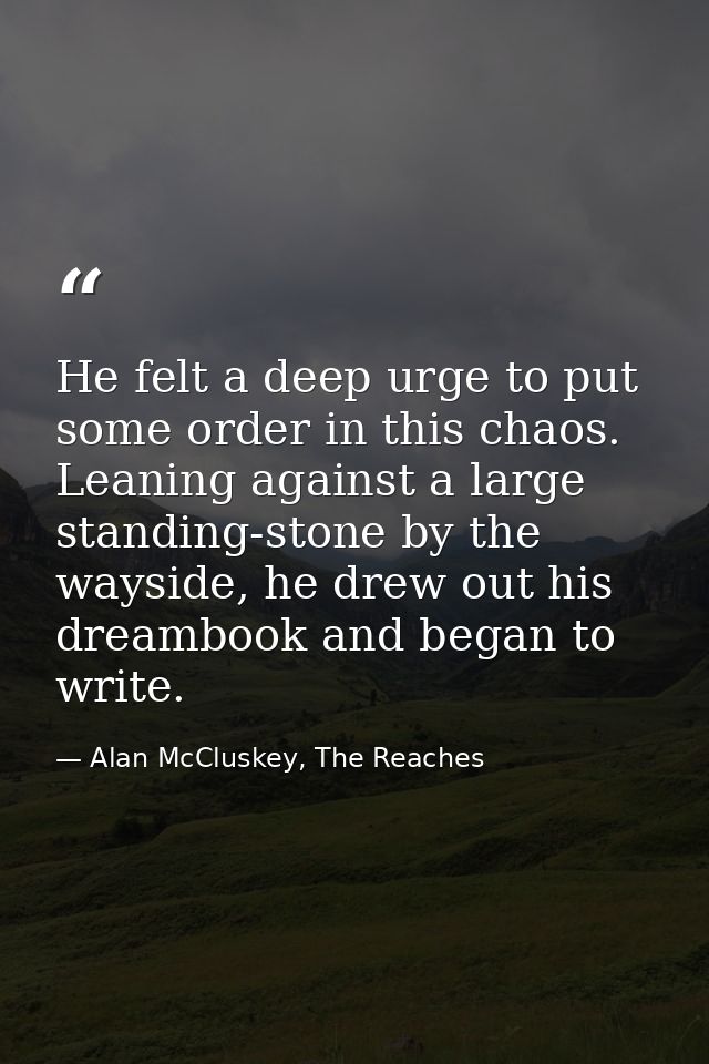 He felt a deep urge to put some order in this chaos. Leaning against a large standing-stone by the wayside, he drew out  — Alan McCluskey, The Reaches
