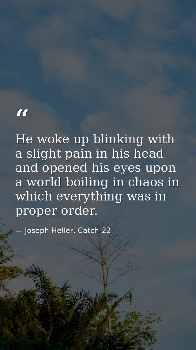 He woke up blinking with a slight pain in his head and opened his eyes upon a world boiling in chaos in which everything — Joseph Heller, Catch-22