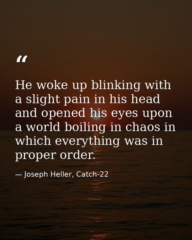 He woke up blinking with a slight pain in his head and opened his eyes upon a world boiling in chaos in which everything — Joseph Heller, Catch-22