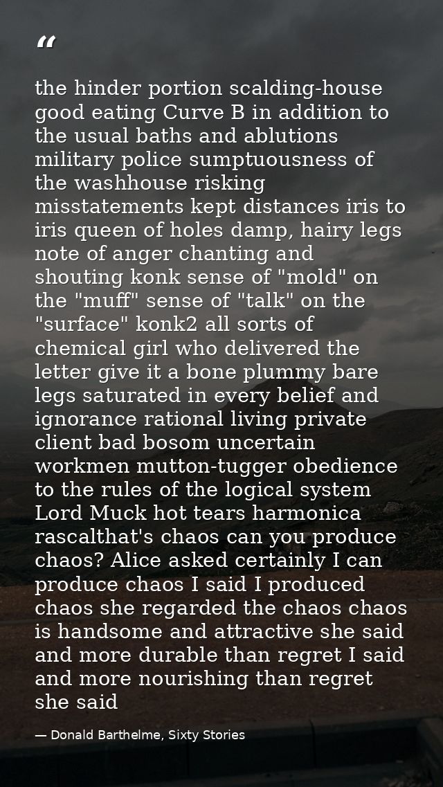 the hinder portion scalding-house good eating Curve B in addition to the usual baths and ablutions military police sumpt — Donald Barthelme, Sixty Stories
