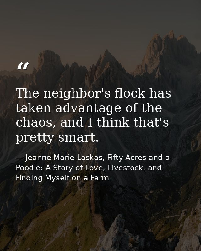 The neighbor's flock has taken advantage of the chaos, and I think that's pretty smart. — Jeanne Marie Laskas, Fifty Acres and a Poodle: A Story of Love, Livestock, and Finding Myself on a Farm