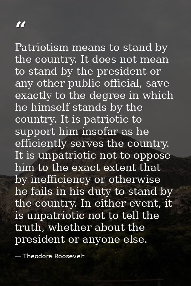 Patriotism means to stand by the country. It does not mean to stand by the president or any other public official, save  — Theodore Roosevelt