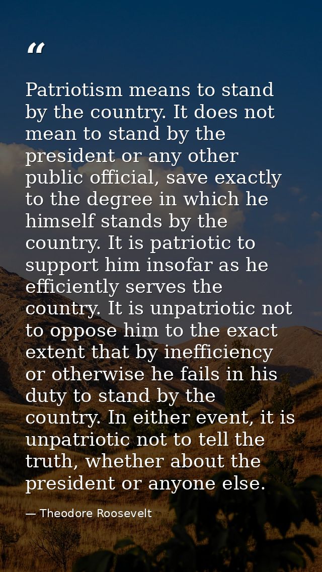 Patriotism means to stand by the country. It does not mean to stand by the president or any other public official, save  — Theodore Roosevelt