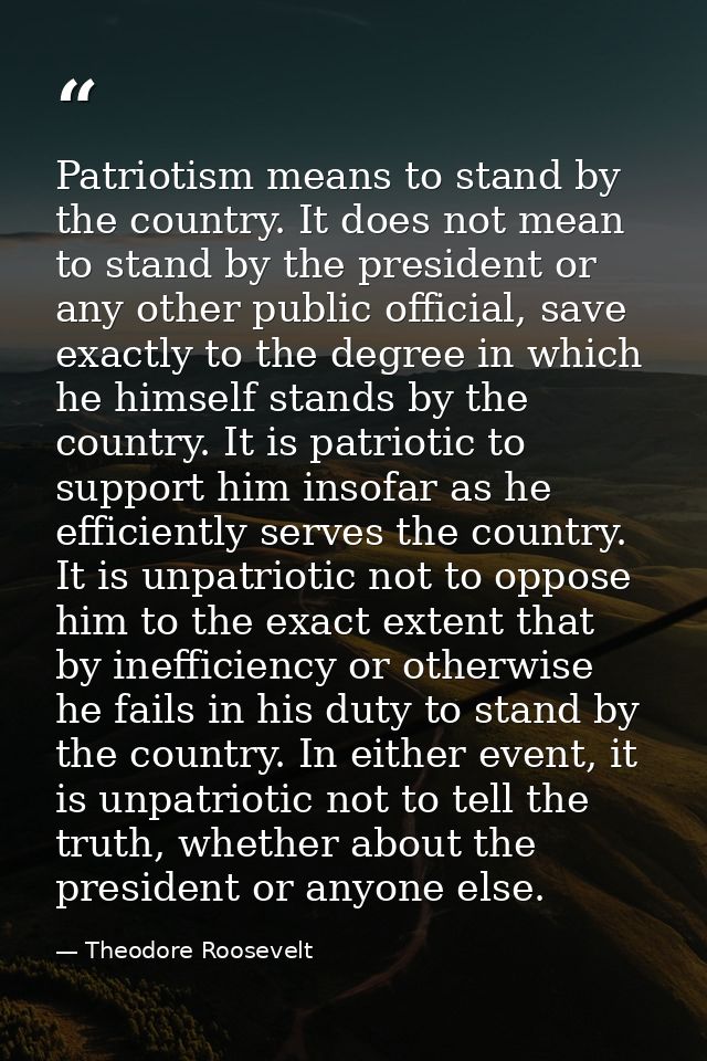 Patriotism means to stand by the country. It does not mean to stand by the president or any other public official, save  — Theodore Roosevelt