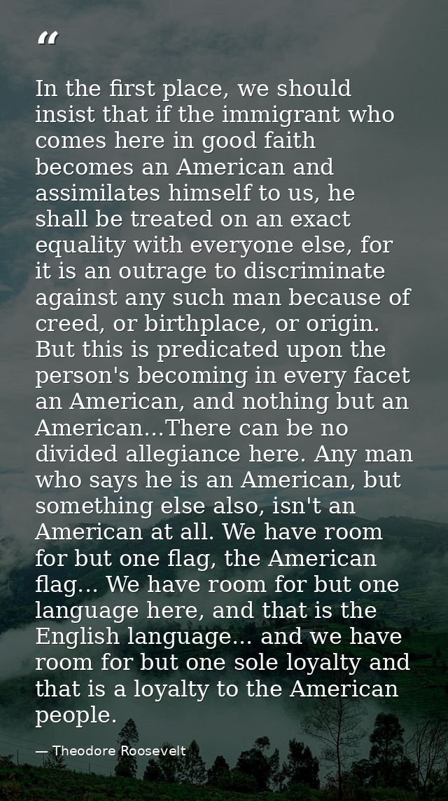 In the first place, we should insist that if the immigrant who comes here in good faith becomes an American and assimila — Theodore Roosevelt