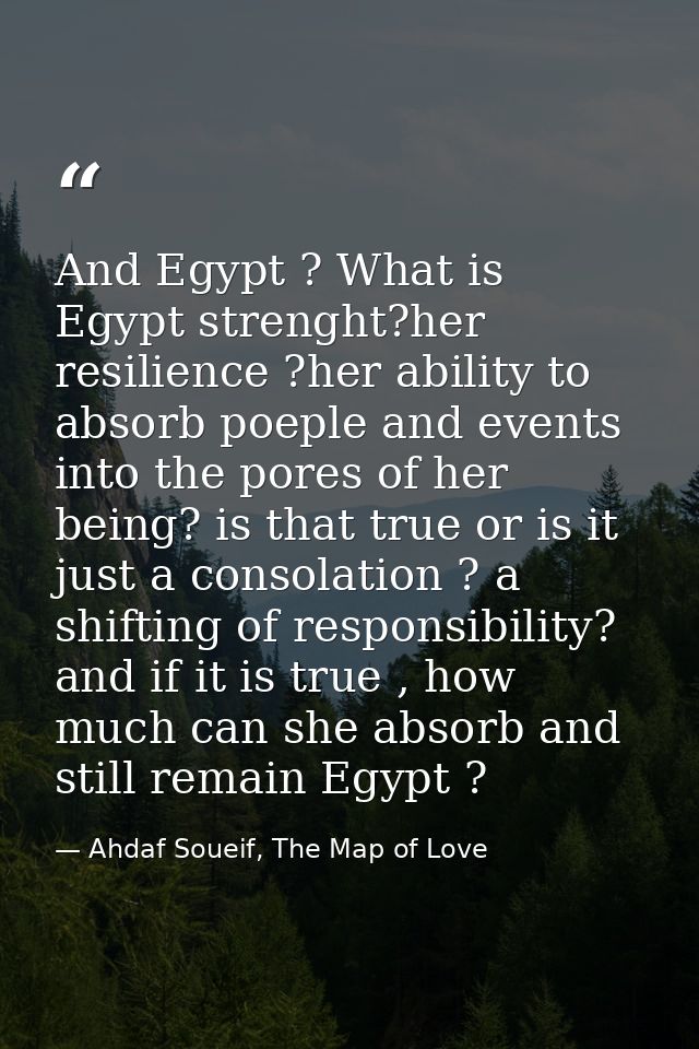 And Egypt ? What is Egypt strenght?her resilience ?her ability to absorb poeple and events into the pores of her being?  — Ahdaf Soueif, The Map of Love