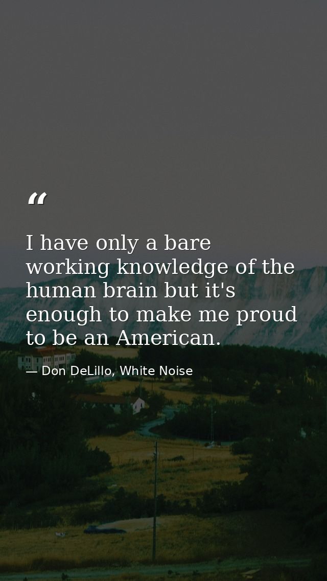 I have only a bare working knowledge of the human brain but it's enough to make me proud to be an American. — Don DeLillo, White Noise