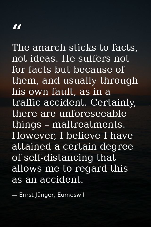 The anarch sticks to facts, not ideas. He suffers not for facts but because of them, and usually through his own fault,  — Ernst Jünger, Eumeswil