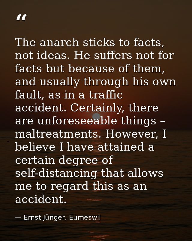 The anarch sticks to facts, not ideas. He suffers not for facts but because of them, and usually through his own fault,  — Ernst Jünger, Eumeswil