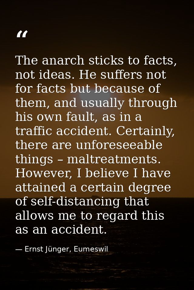 The anarch sticks to facts, not ideas. He suffers not for facts but because of them, and usually through his own fault,  — Ernst Jünger, Eumeswil