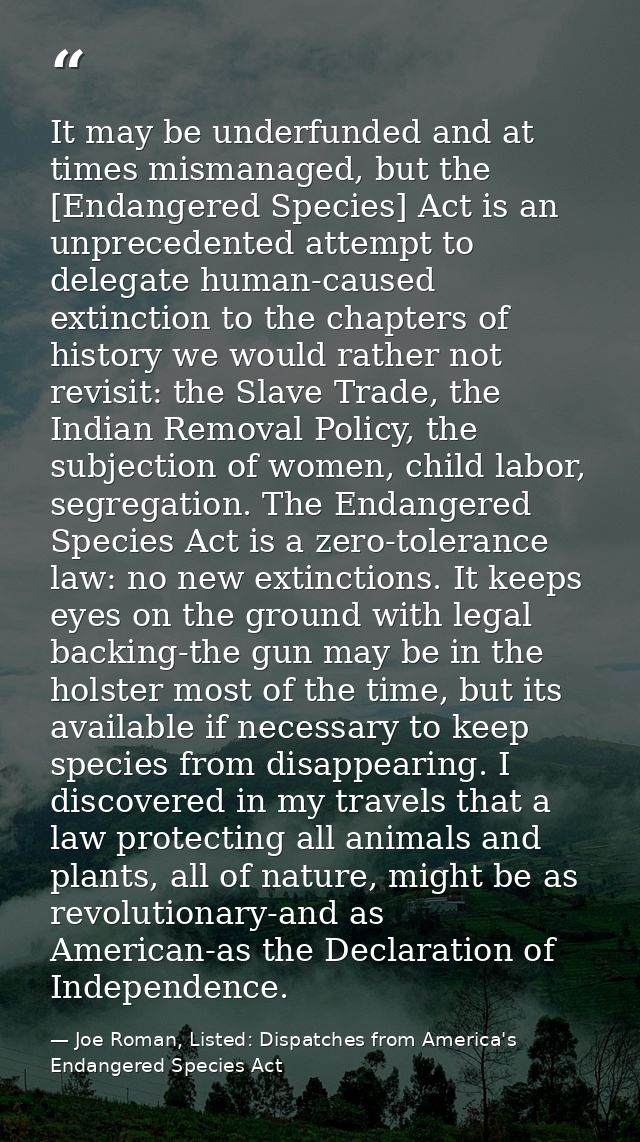 It may be underfunded and at times mismanaged, but the [Endangered Species] Act is an unprecedented attempt to delegate  — Joe Roman, Listed: Dispatches from America's Endangered Species Act