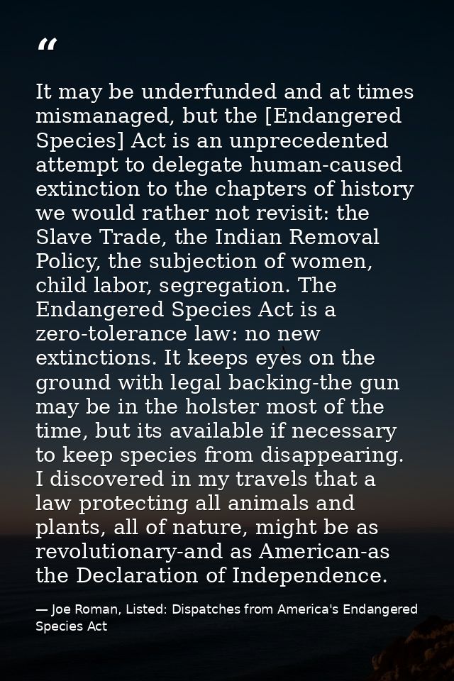 It may be underfunded and at times mismanaged, but the [Endangered Species] Act is an unprecedented attempt to delegate  — Joe Roman, Listed: Dispatches from America's Endangered Species Act