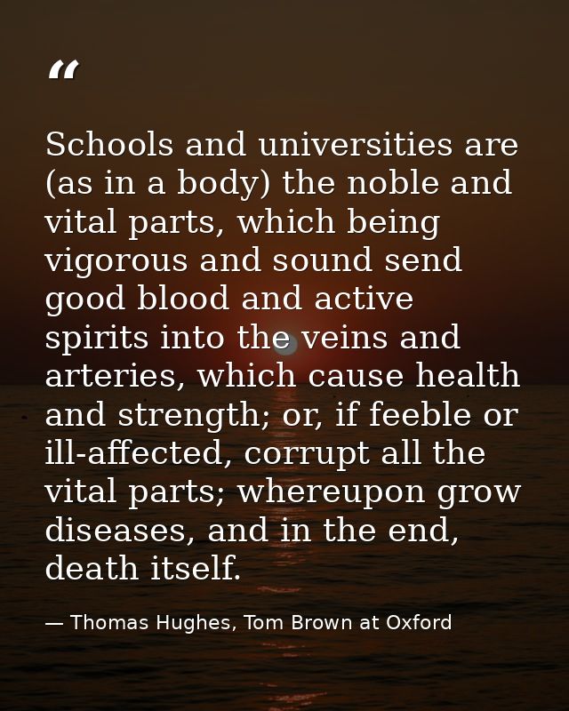 Schools and universities are (as in a body) the noble and vital parts, which being vigorous and sound send good blood an — Thomas Hughes, Tom Brown at Oxford