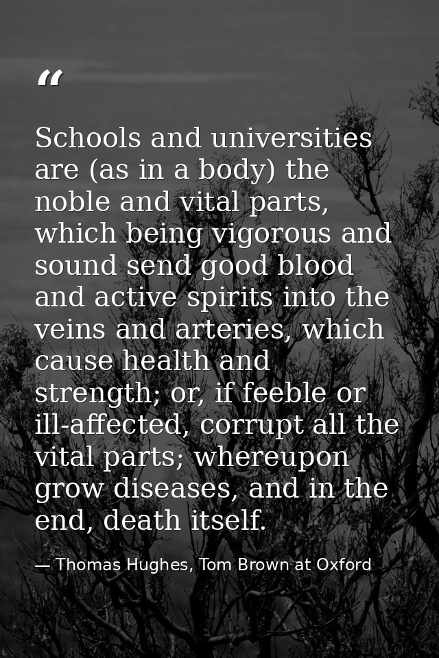 Schools and universities are (as in a body) the noble and vital parts, which being vigorous and sound send good blood an — Thomas Hughes, Tom Brown at Oxford