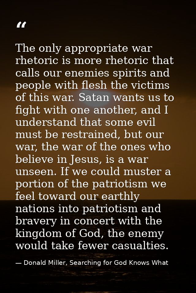 The only appropriate war rhetoric is more rhetoric that calls our enemies spirits and people with flesh the victims of t — Donald Miller, Searching for God Knows What