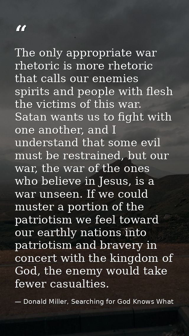 The only appropriate war rhetoric is more rhetoric that calls our enemies spirits and people with flesh the victims of t — Donald Miller, Searching for God Knows What