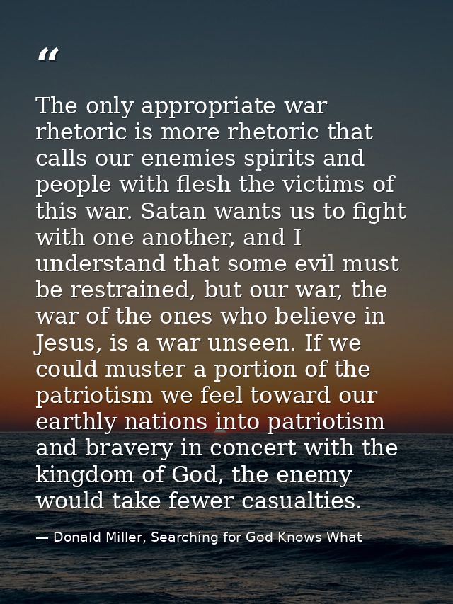 The only appropriate war rhetoric is more rhetoric that calls our enemies spirits and people with flesh the victims of t — Donald Miller, Searching for God Knows What