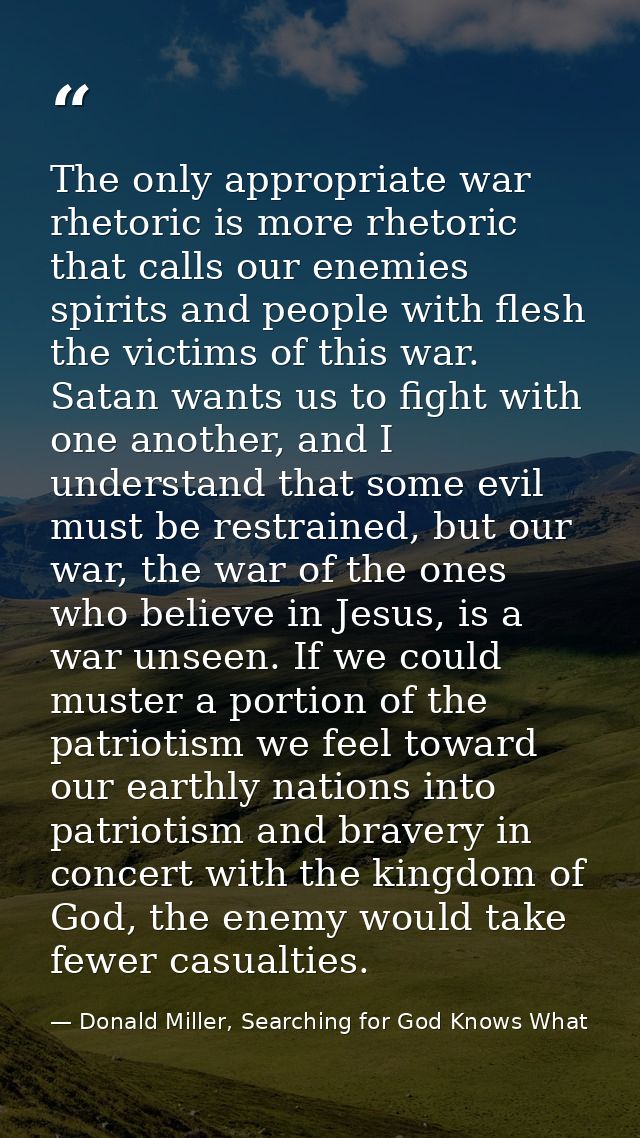 The only appropriate war rhetoric is more rhetoric that calls our enemies spirits and people with flesh the victims of t — Donald Miller, Searching for God Knows What