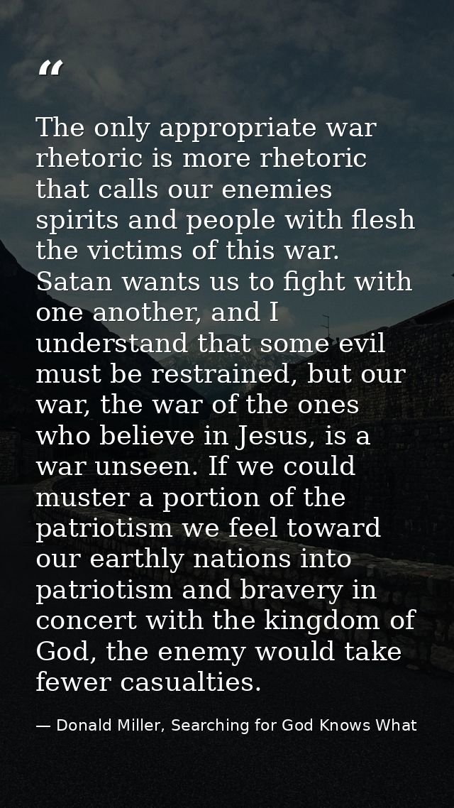 The only appropriate war rhetoric is more rhetoric that calls our enemies spirits and people with flesh the victims of t — Donald Miller, Searching for God Knows What