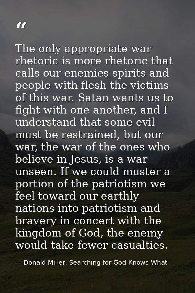 The only appropriate war rhetoric is more rhetoric that calls our enemies spirits and people with flesh the victims of t — Donald Miller, Searching for God Knows What