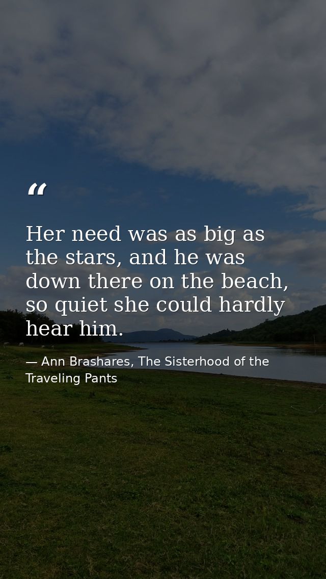 Her need was as big as the stars, and he was down there on the beach, so quiet she could hardly hear him. — Ann Brashares, The Sisterhood of the Traveling Pants