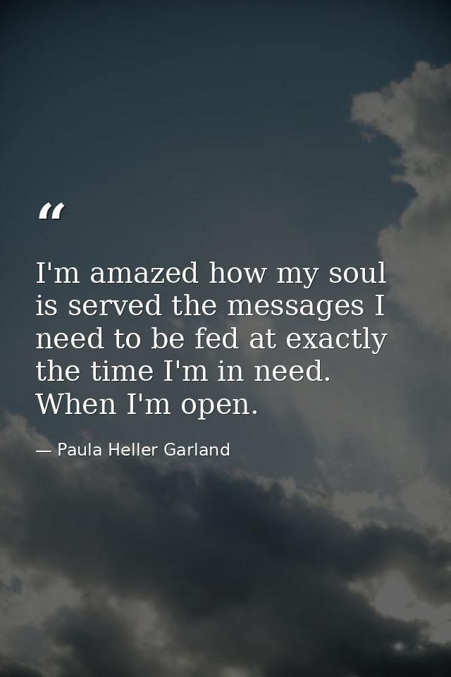 I'm amazed how my soul is served the messages I need to be fed at exactly the time I'm in need. When I'm open. — Paula Heller Garland