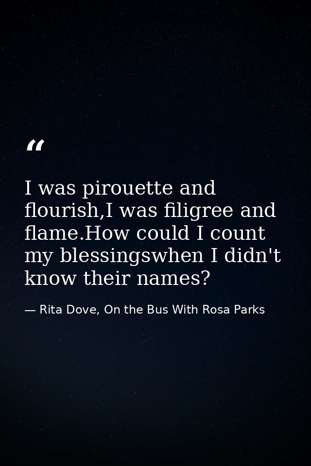 I was pirouette and flourish,I was filigree and flame.How could I count my blessingswhen I didn't know their names? — Rita Dove, On the Bus With Rosa Parks