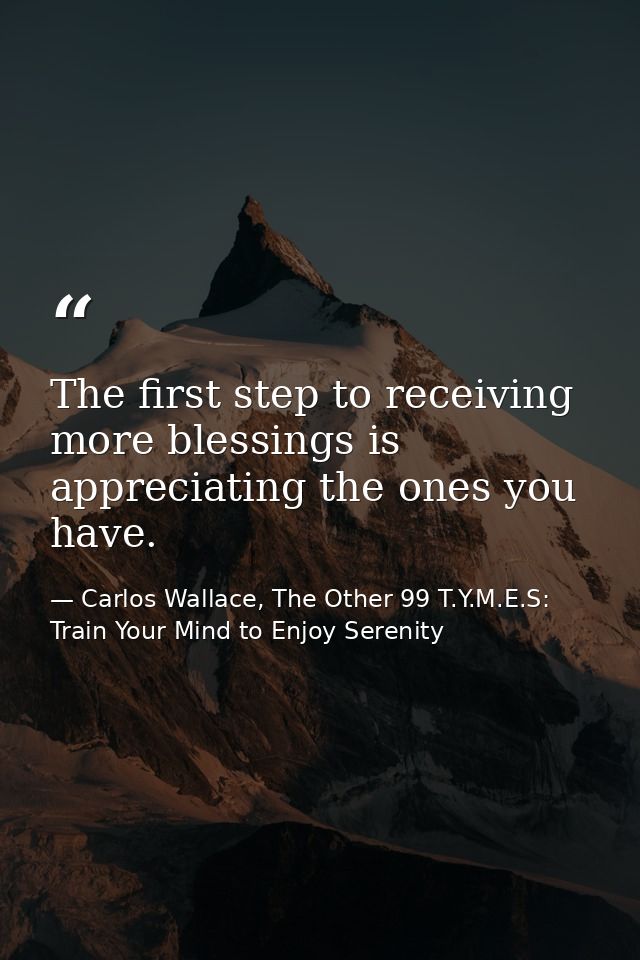 The first step to receiving more blessings is appreciating the ones you have. — Carlos Wallace, The Other 99 T.Y.M.E.S: Train Your Mind to Enjoy Serenity