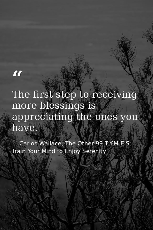 The first step to receiving more blessings is appreciating the ones you have. — Carlos Wallace, The Other 99 T.Y.M.E.S: Train Your Mind to Enjoy Serenity