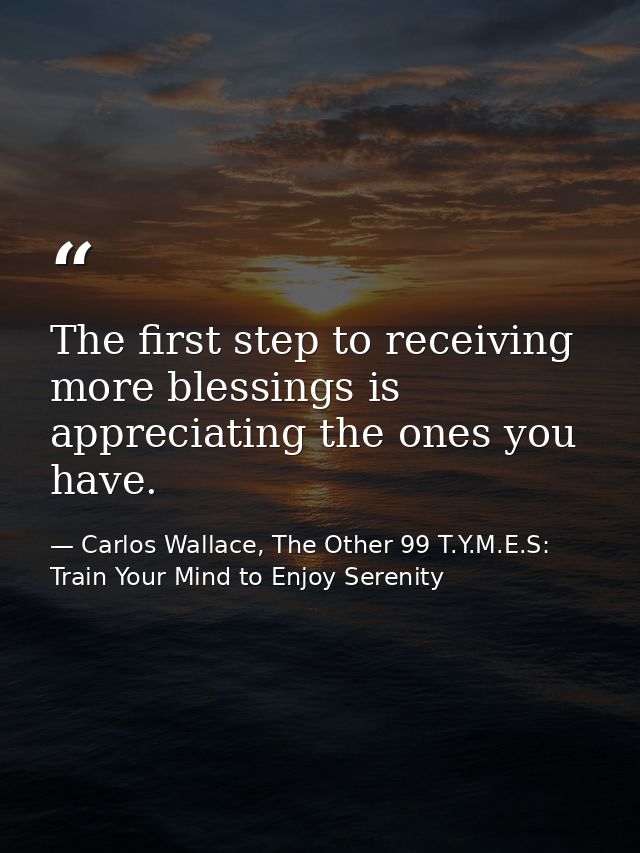 The first step to receiving more blessings is appreciating the ones you have. — Carlos Wallace, The Other 99 T.Y.M.E.S: Train Your Mind to Enjoy Serenity