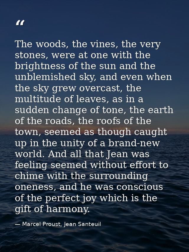 The woods, the vines, the very stones, were at one with the brightness of the sun and the unblemished sky, and even when — Marcel Proust, Jean Santeuil