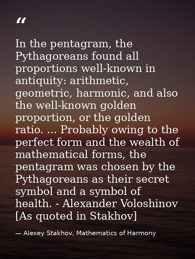In the pentagram, the Pythagoreans found all proportions well-known in antiquity: arithmetic, geometric, harmonic, and a — Alexey Stakhov, Mathematics of Harmony