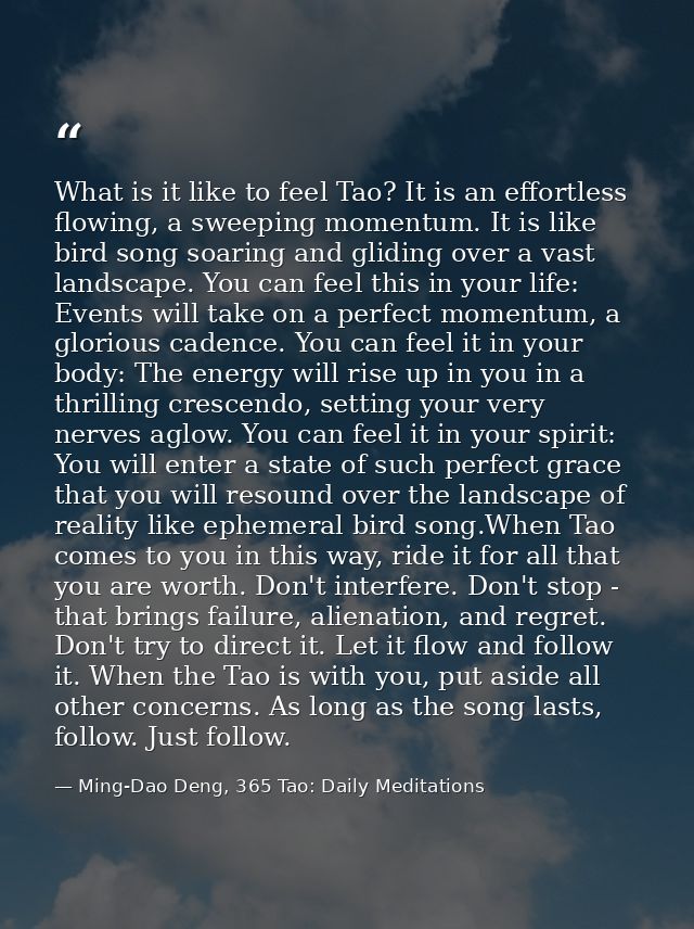 What is it like to feel Tao? It is an effortless flowing, a sweeping momentum. It is like bird song soaring and gliding  — Ming-Dao Deng, 365 Tao: Daily Meditations