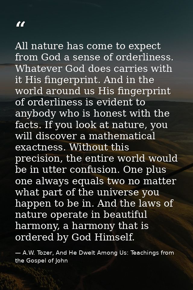 All nature has come to expect from God a sense of orderliness. Whatever God does carries with it His fingerprint. And in — A.W. Tozer, And He Dwelt Among Us: Teachings from the Gospel of John