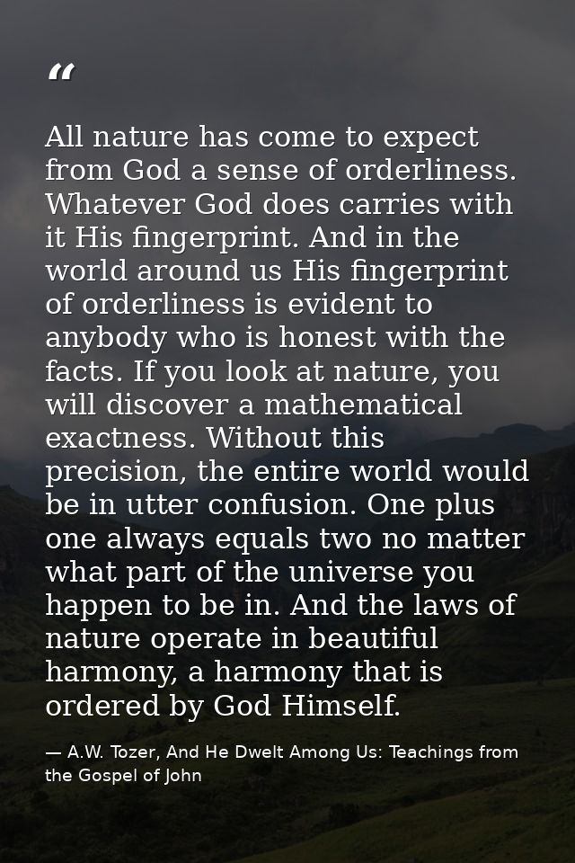 All nature has come to expect from God a sense of orderliness. Whatever God does carries with it His fingerprint. And in — A.W. Tozer, And He Dwelt Among Us: Teachings from the Gospel of John